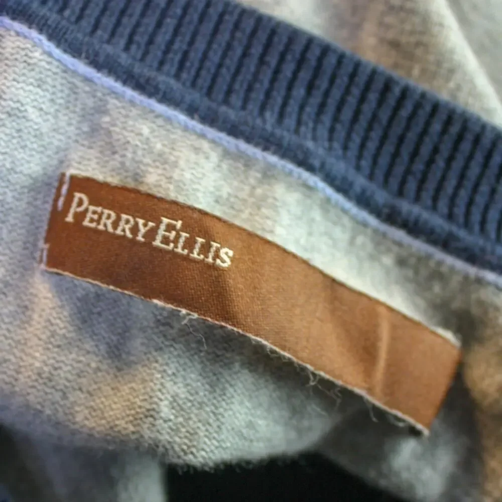 Vintage Perry Ellis V Neck Cardigan Sweater Gray Blue Preppy Classic L